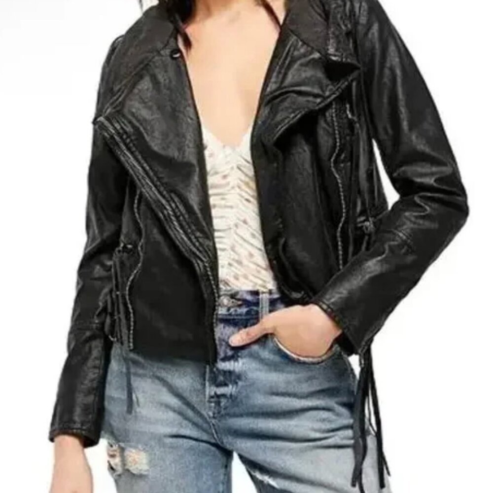 Free People Cleo Leather Moto Black Hooded Jacket Soft Grunge Hot Girl Elevated - Picture 13 of 14